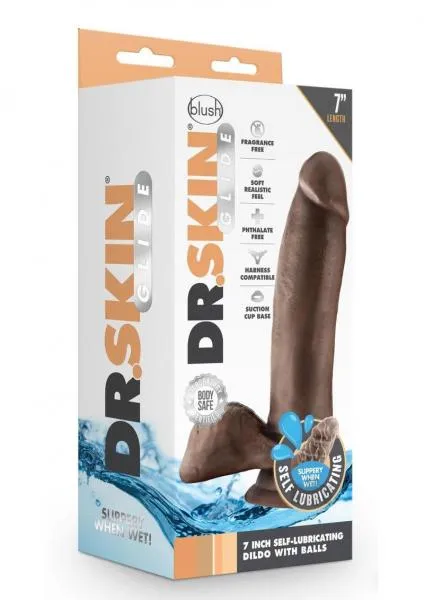 Female Sex Toys Dr Skin Glide Self Lubricating Dildo With Balls 7 In Chocolate Blush