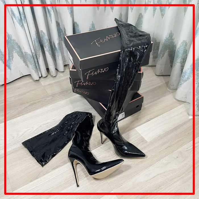 Couples House of Dasein Shoes Boots Sexy Glossy 12Cm Stiletto Heel Pu Leather Sock Boots Fetish Shoes