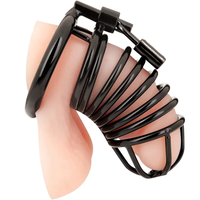 pink cherry Anal Electric Eel Blue Line Deluxe Steel Chastity Cage in Black