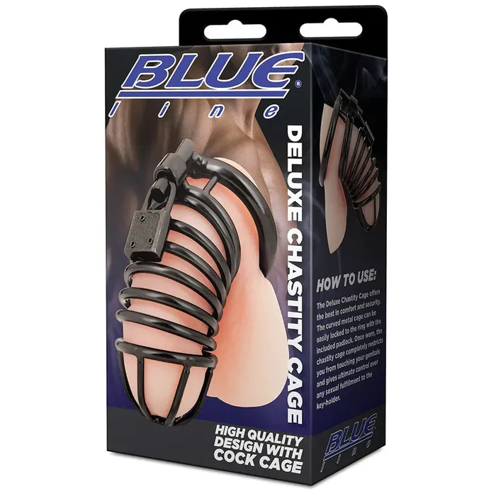 pink cherry Anal Electric Eel Blue Line Deluxe Steel Chastity Cage in Black
