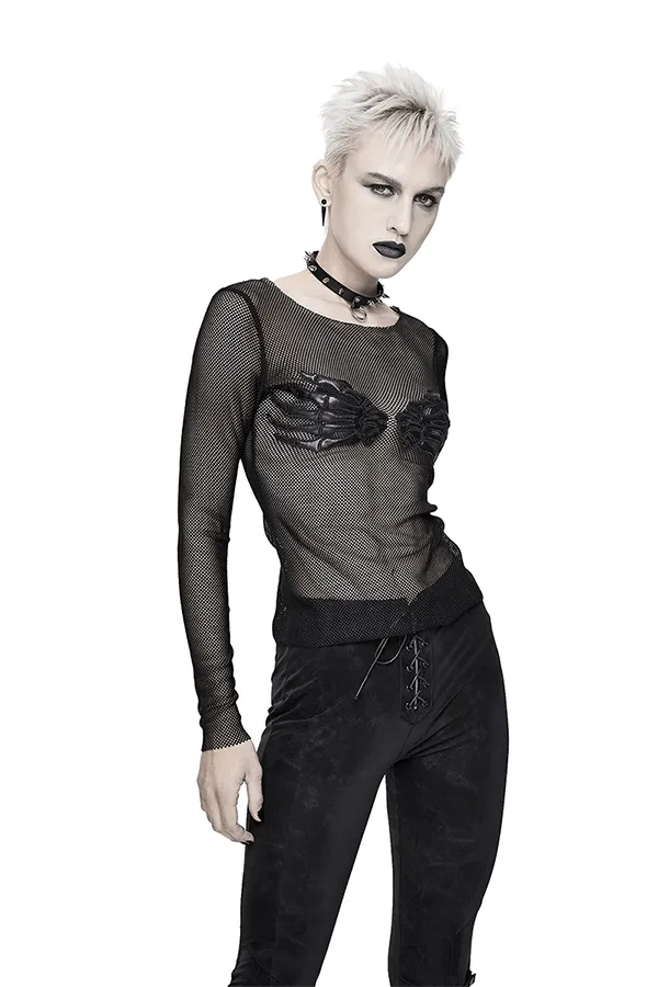 EVEs SECRETS Anal Mesh Sleeve Top Skeleton Hands Design Slim Black Fit