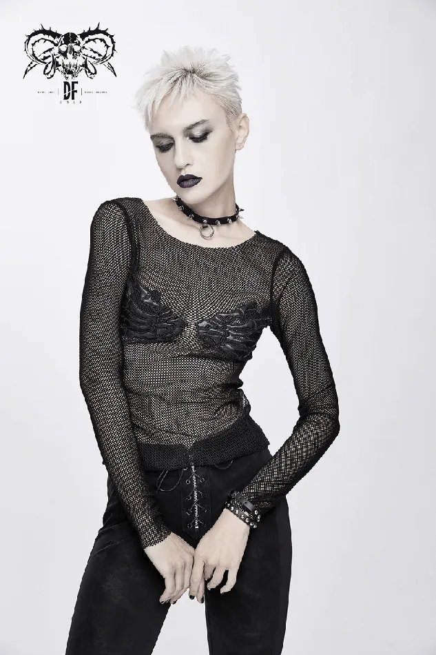 EVEs SECRETS Anal Mesh Sleeve Top Skeleton Hands Design Slim Black Fit