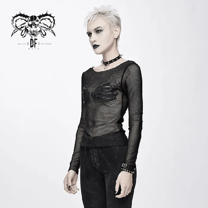 EVEs SECRETS Anal Mesh Sleeve Top Skeleton Hands Design Slim Black Fit