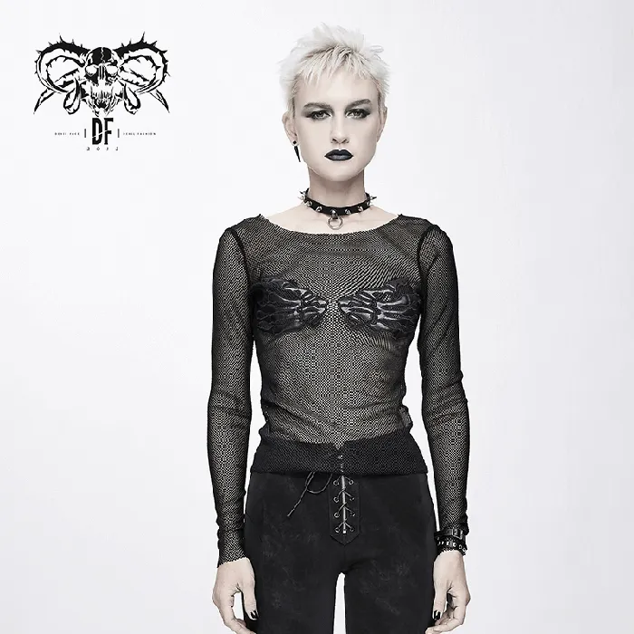 EVEs SECRETS Anal Mesh Sleeve Top Skeleton Hands Design Slim Black Fit