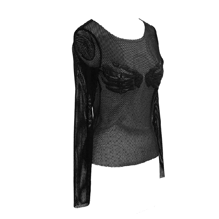 EVEs SECRETS Anal Mesh Sleeve Top Skeleton Hands Design Slim Black Fit