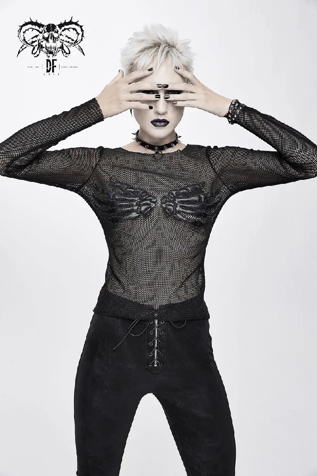 EVEs SECRETS Anal Mesh Sleeve Top Skeleton Hands Design Slim Black Fit