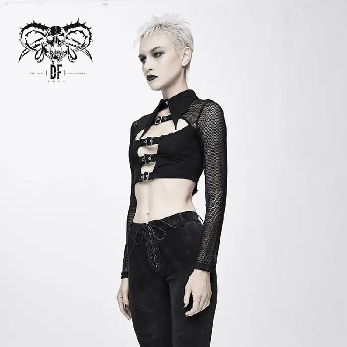EVEs SECRETS Male Sex Toys Mesh Sleeve Crop Top with Buckles Gothic Black Mesh Top