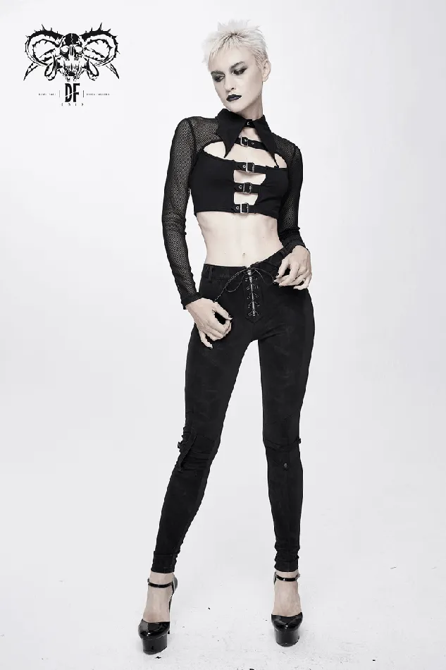 EVEs SECRETS Male Sex Toys Mesh Sleeve Crop Top with Buckles Gothic Black Mesh Top