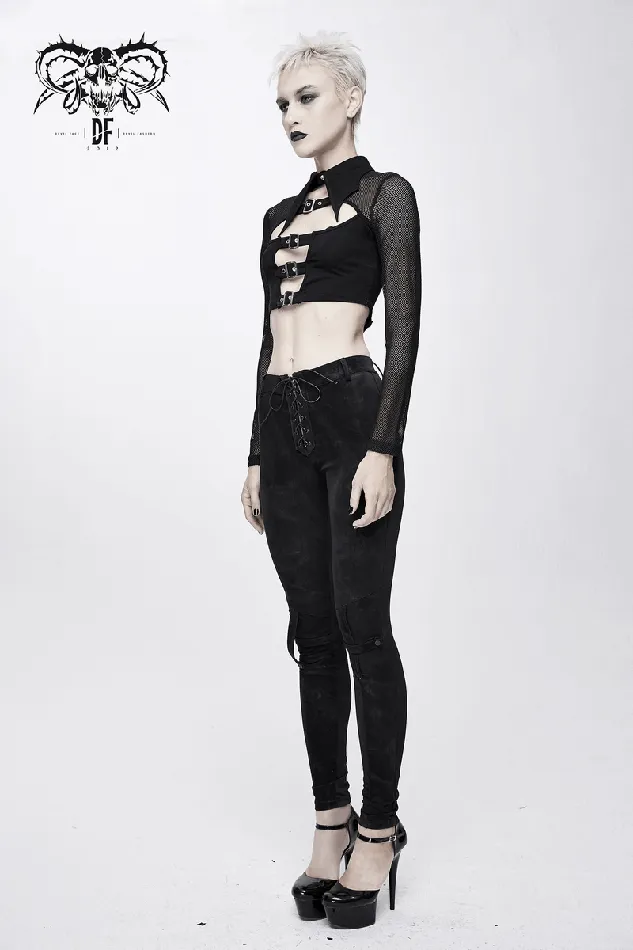 EVEs SECRETS Male Sex Toys Mesh Sleeve Crop Top with Buckles Gothic Black Mesh Top