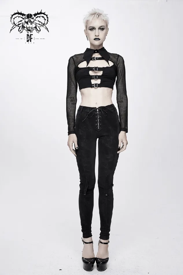 EVEs SECRETS Male Sex Toys Mesh Sleeve Crop Top with Buckles Gothic Black Mesh Top