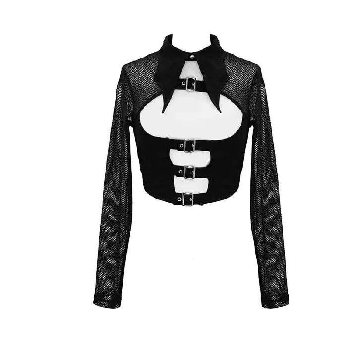 EVEs SECRETS Male Sex Toys Mesh Sleeve Crop Top with Buckles Gothic Black Mesh Top