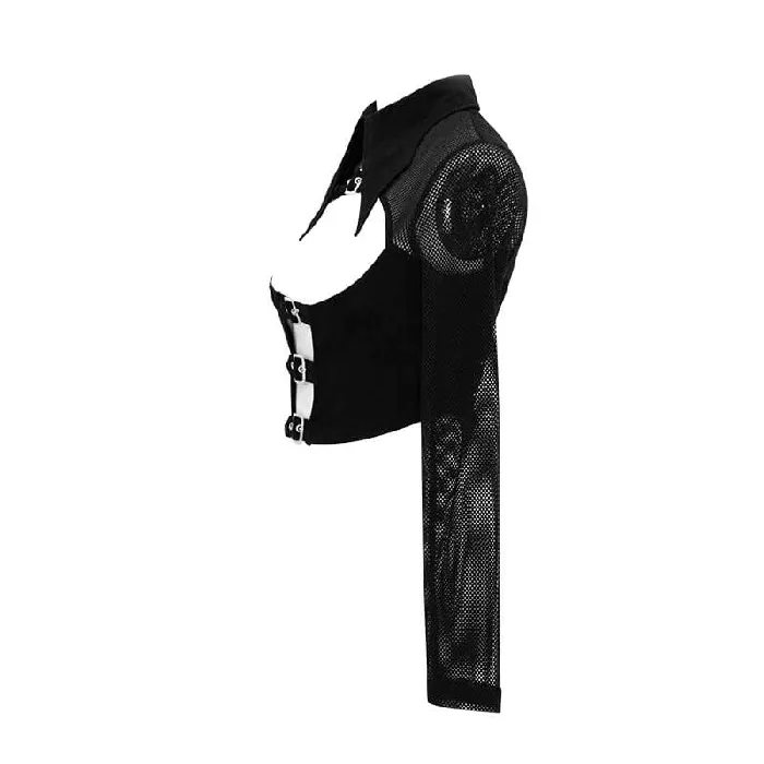 EVEs SECRETS Male Sex Toys Mesh Sleeve Crop Top with Buckles Gothic Black Mesh Top