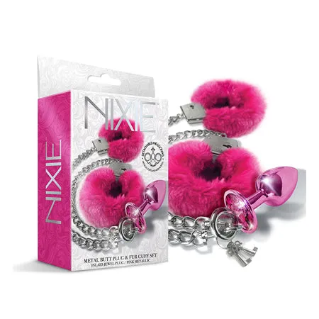 Global Novelties LLC Anal Nixie Metal Butt Plug Furry Handcuff Set Medium All Colors