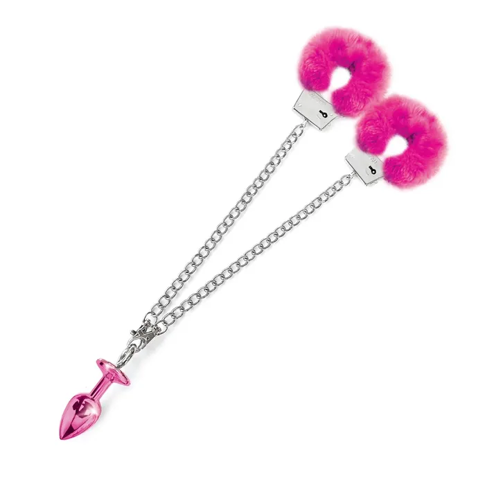 Global Novelties LLC Anal Nixie Metal Butt Plug Furry Handcuff Set Medium All Colors