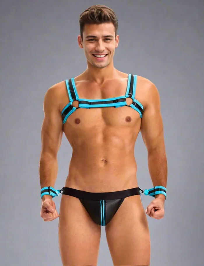 Mens PU Leather Harness Zipper Underwear Set with Open Back and Detachable Bracelets by Scandals Scandals Menswear Female Sex Toys