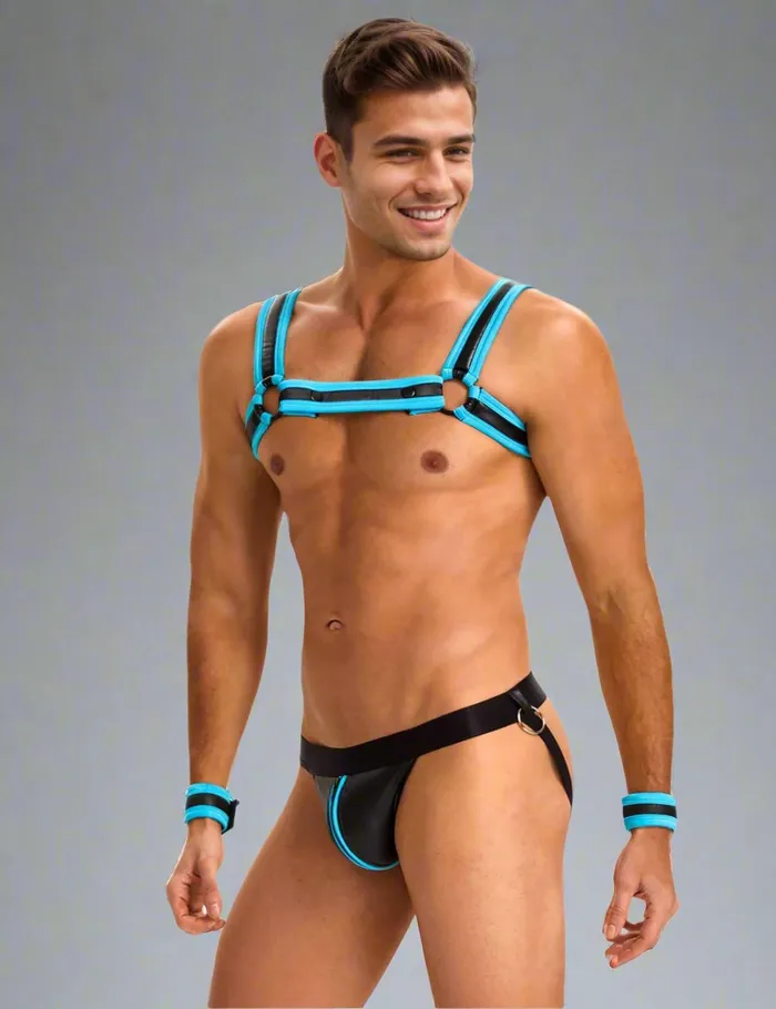 Mens PU Leather Harness Zipper Underwear Set with Open Back and Detachable Bracelets by Scandals Scandals Menswear Female Sex Toys