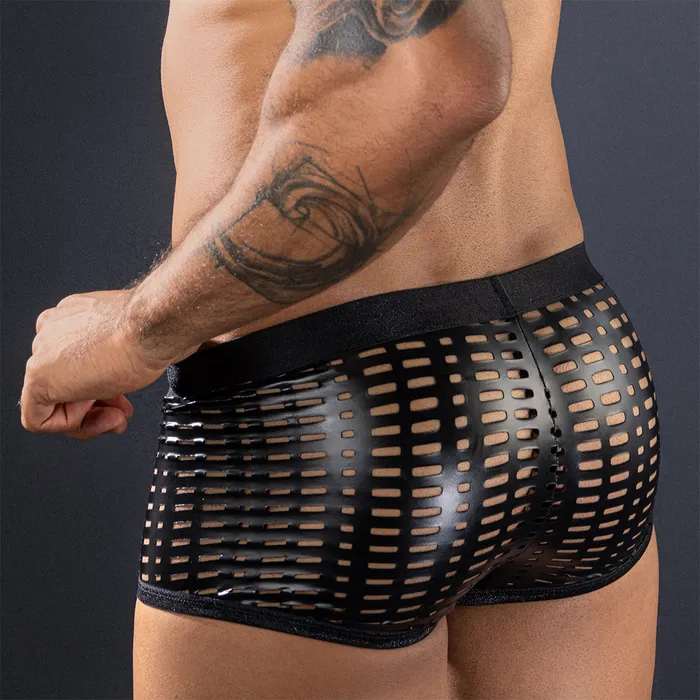 FRISKY BUSINESS SG Restraints Skivvies Black PU Leather Hollow Boxer Male Underwear