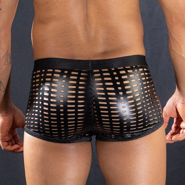 FRISKY BUSINESS SG Restraints Skivvies Black PU Leather Hollow Boxer Male Underwear
