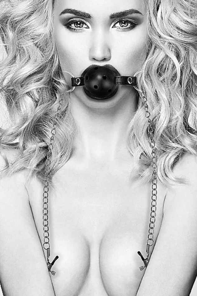 Couples Shots Toys Ouch by Shots Toys Black White Breathable Ball Gag with Nipple Clamps Black Couples Shots Toys Ouch by Shots Toys Black White Breathable Ball Gag with Nipple Clamps Black