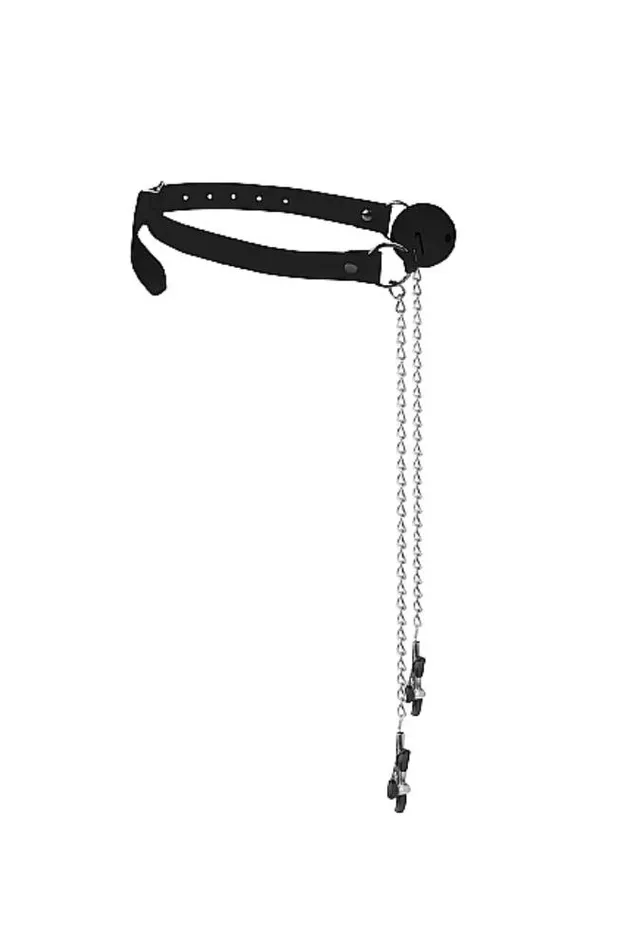 Couples Shots Toys Ouch by Shots Toys Black White Breathable Ball Gag with Nipple Clamps Black