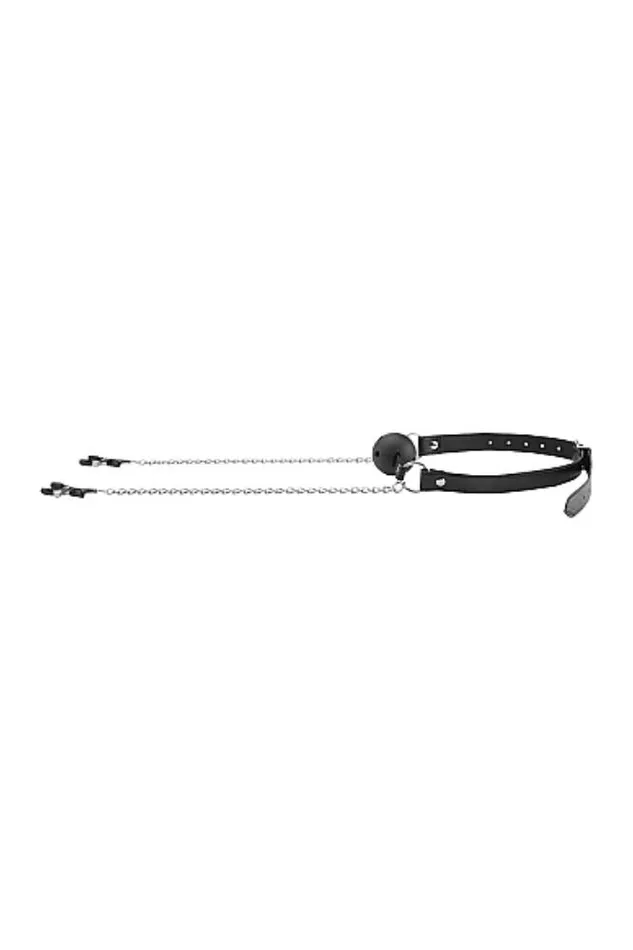 Couples Shots Toys Ouch by Shots Toys Black White Breathable Ball Gag with Nipple Clamps Black