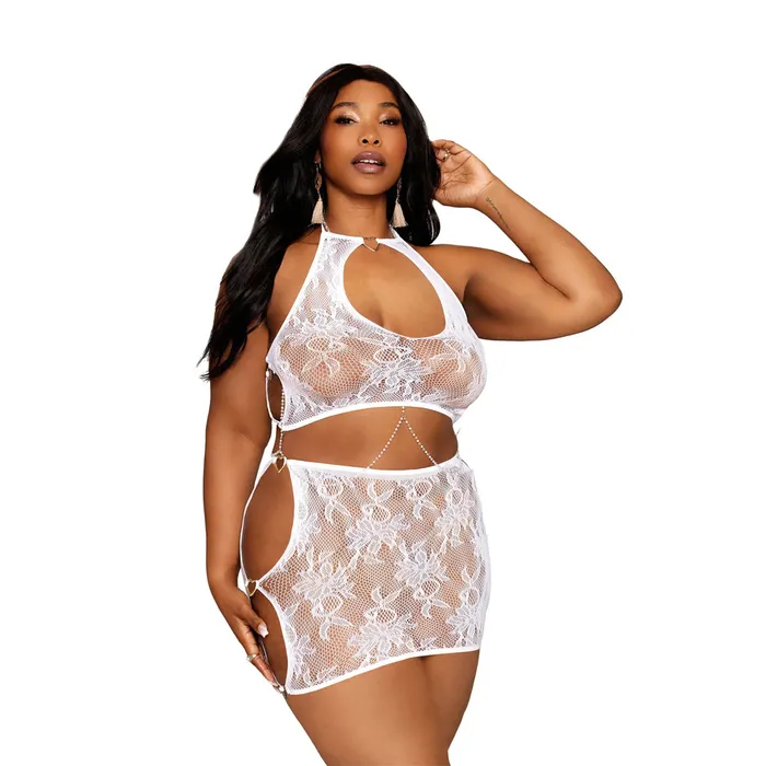 DREAMGIRL Dreamgirl Plus Size Lace Bralette MiniSkirt Set 13309X White Plus Size DREAMGIRL Dreamgirl Plus Size Lace Bralette MiniSkirt Set 13309X White Plus Size