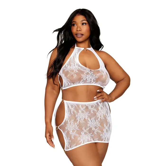 DREAMGIRL Dreamgirl Plus Size Lace Bralette MiniSkirt Set 13309X White Plus Size