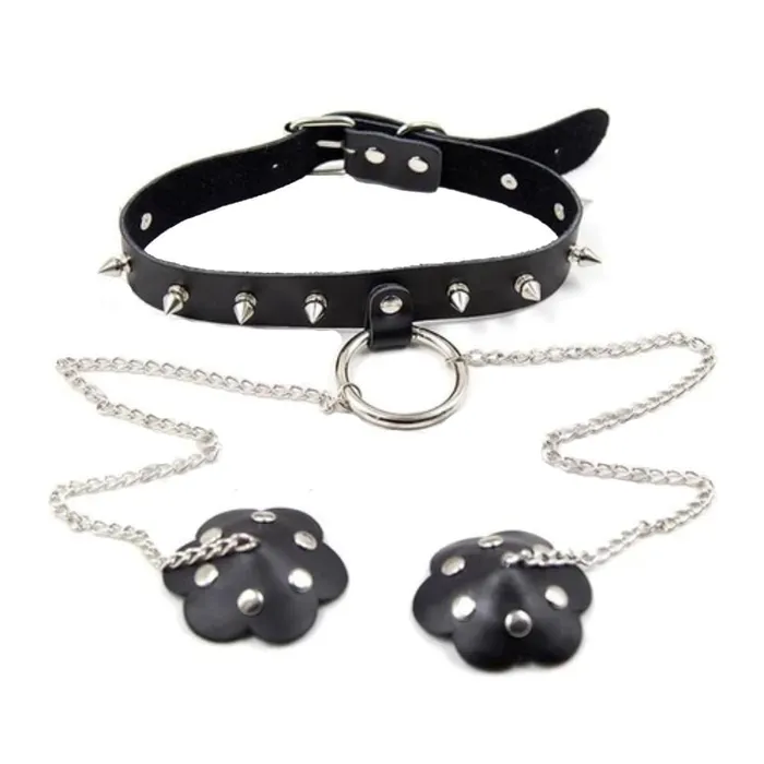 Lovegasm Male Sex Toys Studded with Spikes O Ring Choker With Nipple Covers