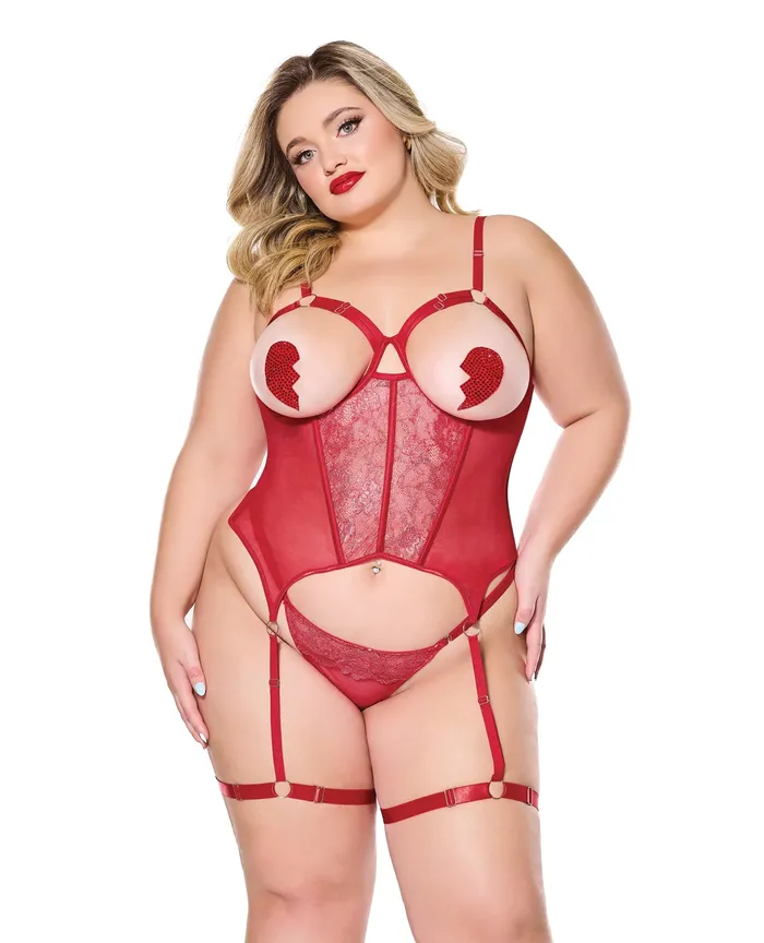 Coquette International Vibrators Metallic Stretch Scallop Lace and Mesh Bustier wThong Red 1X2X Coquette International Vibrators Metallic Stretch Scallop Lace and Mesh Bustier wThong Red 1X2X