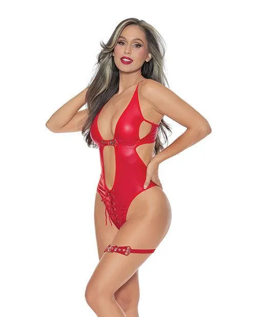 Escante INC Vibrators Midnight Shadow Buckle Teddy wLeg Garter Red
