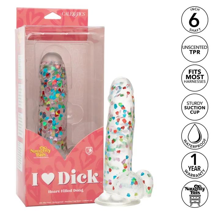 Female Sex Toys California Exotics California Exotics Naughty Bits I Love Dick Heart filled Dong Realistic Dildo with Balls 8 Clear