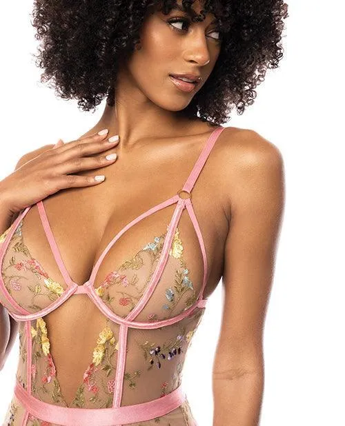 Floral Embroidered Teddy wUnderwire Cup Garters Pink Mapale Vibrators