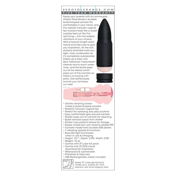 Male Sex Toys Zero Tolerance Zero Tolerance Shell Shock Rechargeable Vibrating Stroker Masturbator Black