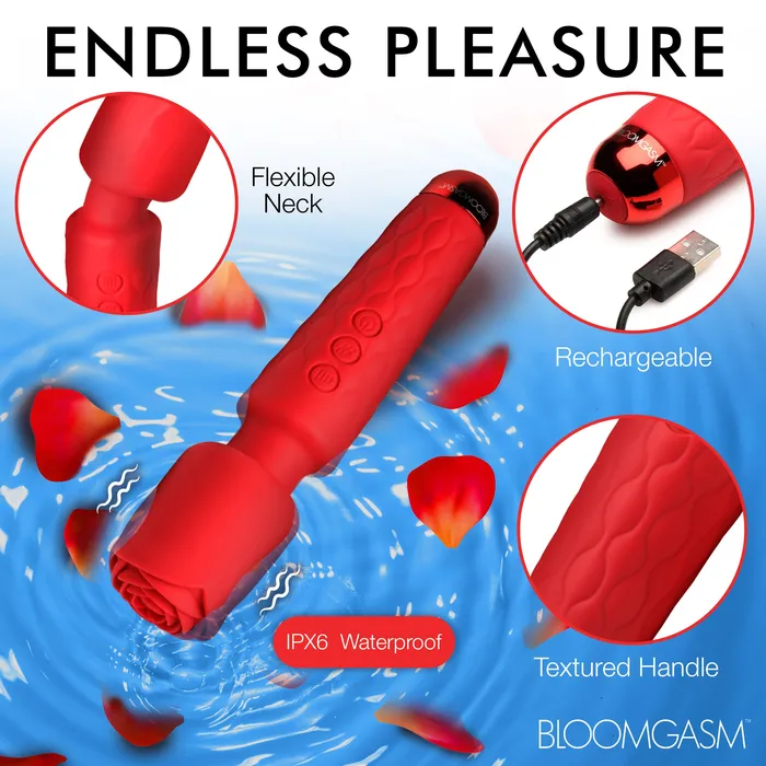 Bloomgasm Vibrators Pleasure Rose 10X Silicone Wand w Rose Attachment