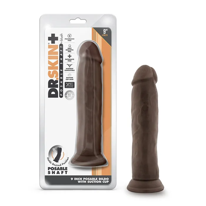 Female Sex Toys Blush Dr Skin Plus Thick 9 in Triple Density Posable Dildo with Suction Cup Brown