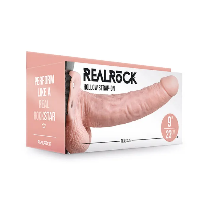 Female Sex Toys RealRock Realistic 9 in Hollow StrapOn With Balls Beige Shots America LLC