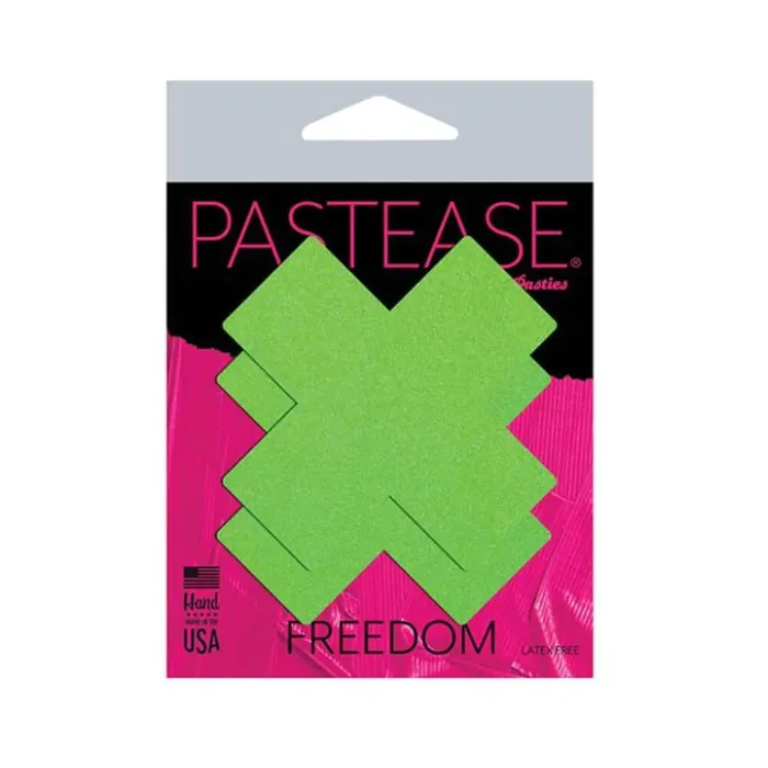 Pastease Plus X Neon Green Dayglow Lycra Cross Nipple Pasties Pastease Female Sex Toys