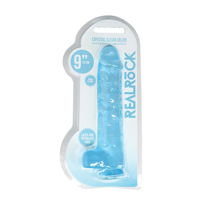 RealRock Crystal Clear Realistic 9 in Dildo With Balls and Suction Cup Blue Shots America LLC Dildos