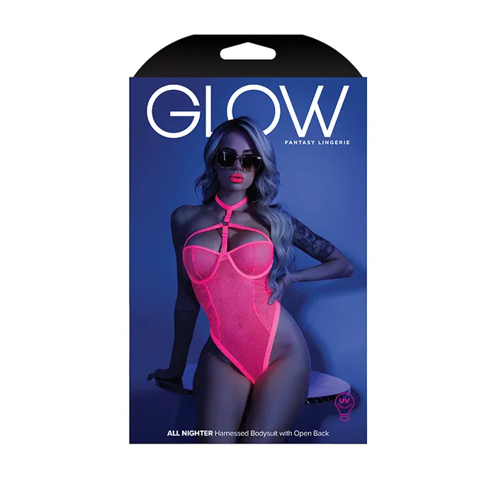 Vibrators Fantasy Lingerie Glow All Nighter Harnessed Mesh Bodysuit Neon Pink ML Fantasy Lingerie
