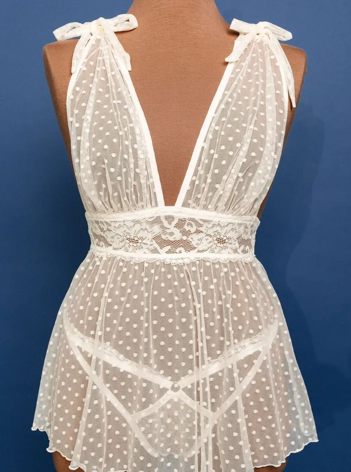 Anal Bridal Bundle Polka Dot Mesh Babydoll Set Iridescent Cream Mentionables