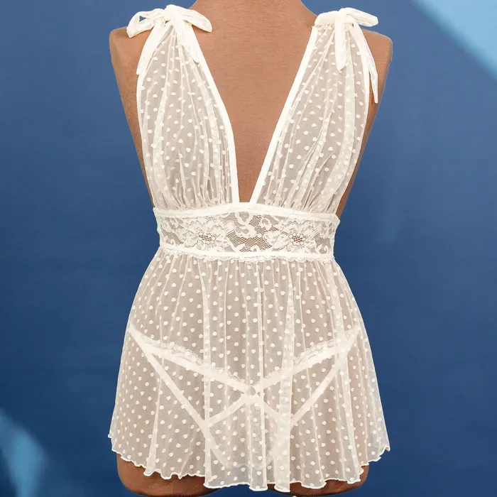 Anal Bridal Bundle Polka Dot Mesh Babydoll Set Iridescent Cream Mentionables