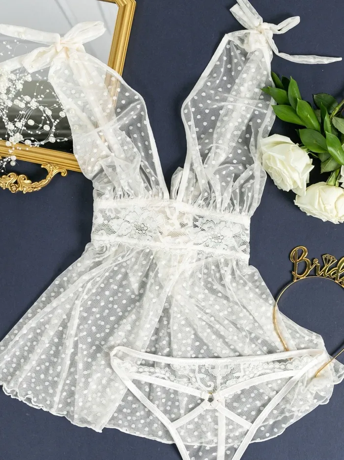 Anal Bridal Bundle Polka Dot Mesh Babydoll Set Iridescent Cream Mentionables
