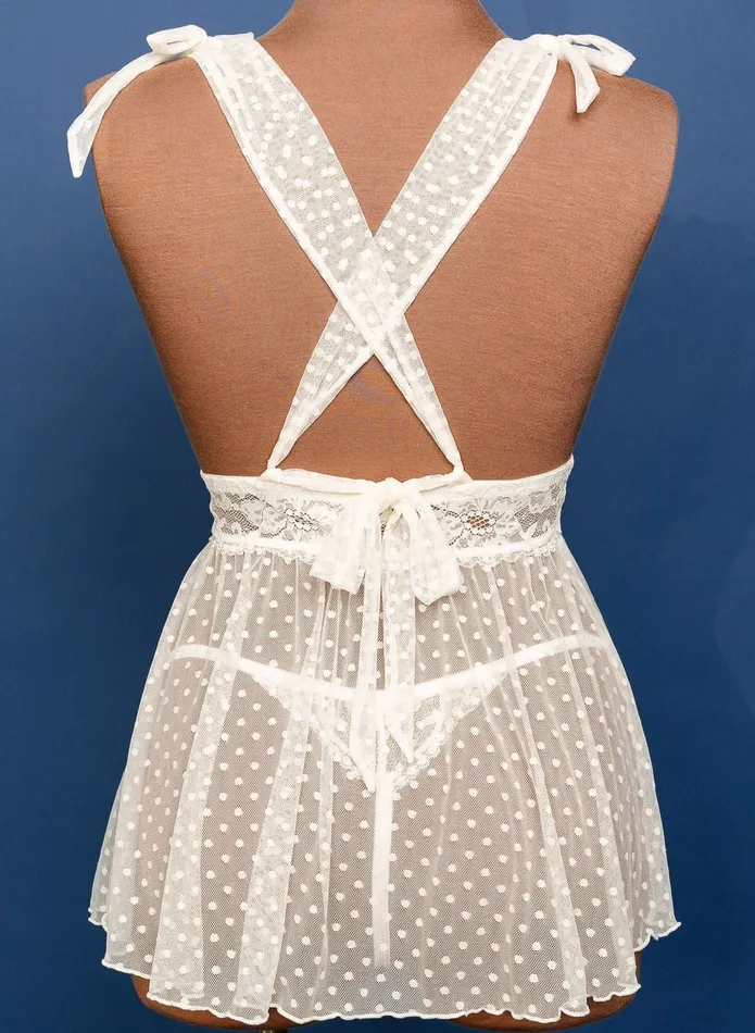Anal Bridal Bundle Polka Dot Mesh Babydoll Set Iridescent Cream Mentionables