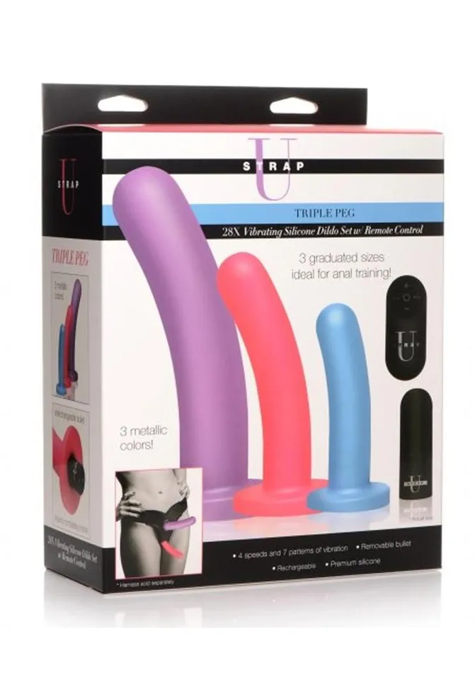 Female Sex Toys STRAP U Strap U Triple Peg 28x Vibrating Rechargeable Silicone Dildo Set with Remote Control