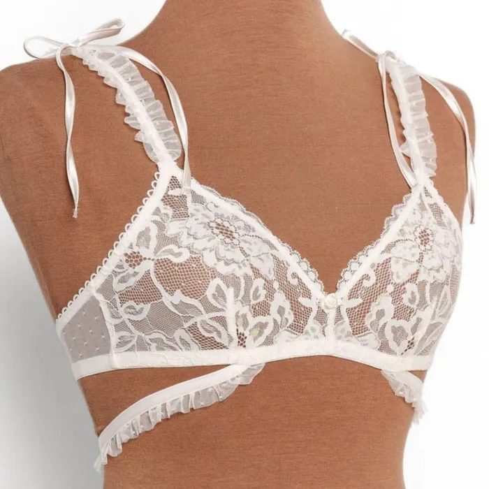 Mentionables Female Sex Toys Lacy Ruffle Strap Bralette Iridescent Cream