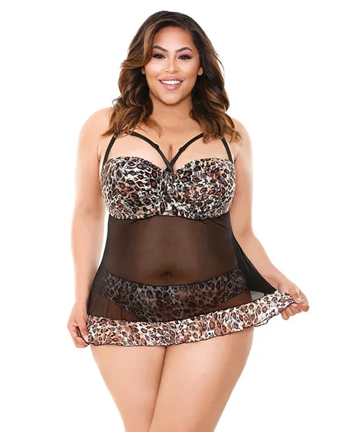 Vibrators Open Desires Curve Delilah Lace Babydoll w Moulded Cups Matching Panty Leopard
