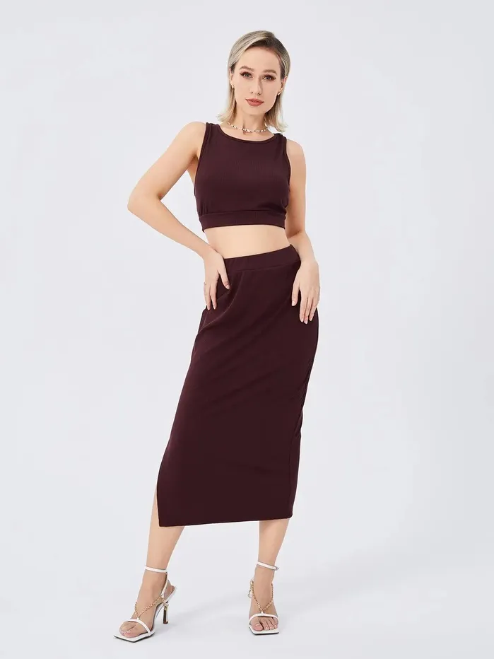 Anal cj Womens Solid Color Slimfit Slit Twopiece Set
