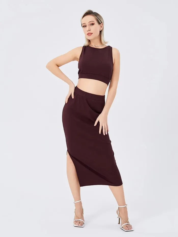 Anal cj Womens Solid Color Slimfit Slit Twopiece Set