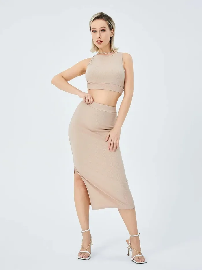 Anal cj Womens Solid Color Slimfit Slit Twopiece Set