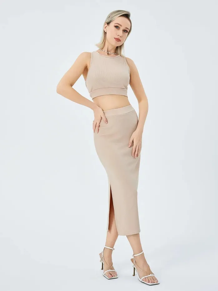 Anal cj Womens Solid Color Slimfit Slit Twopiece Set